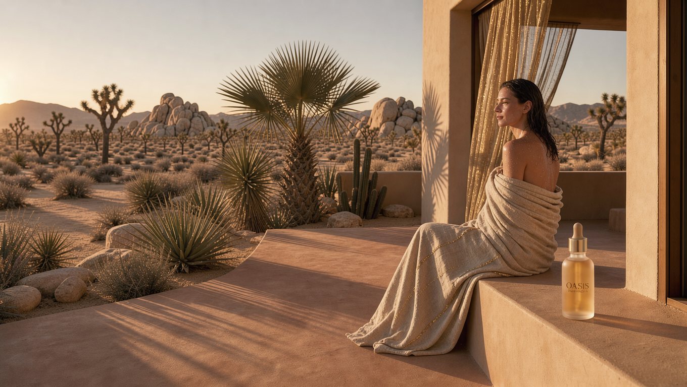 Homepage hero: a woman wrapped in gold-threaded linen on an adobe terrace at golden hour, Joshua Trees and granite boulders beyond, the serum bottle on the ledge beside her