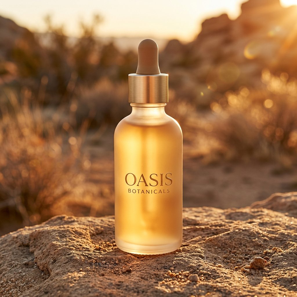Serum bottle on a granite rock in the desert, backlit at golden hour