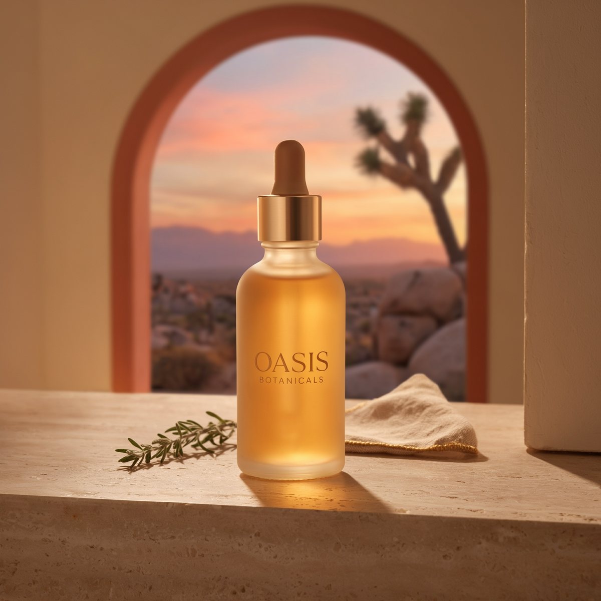 Serum bottle on a travertine vanity in front of an arched window with a Joshua Tree sunset view