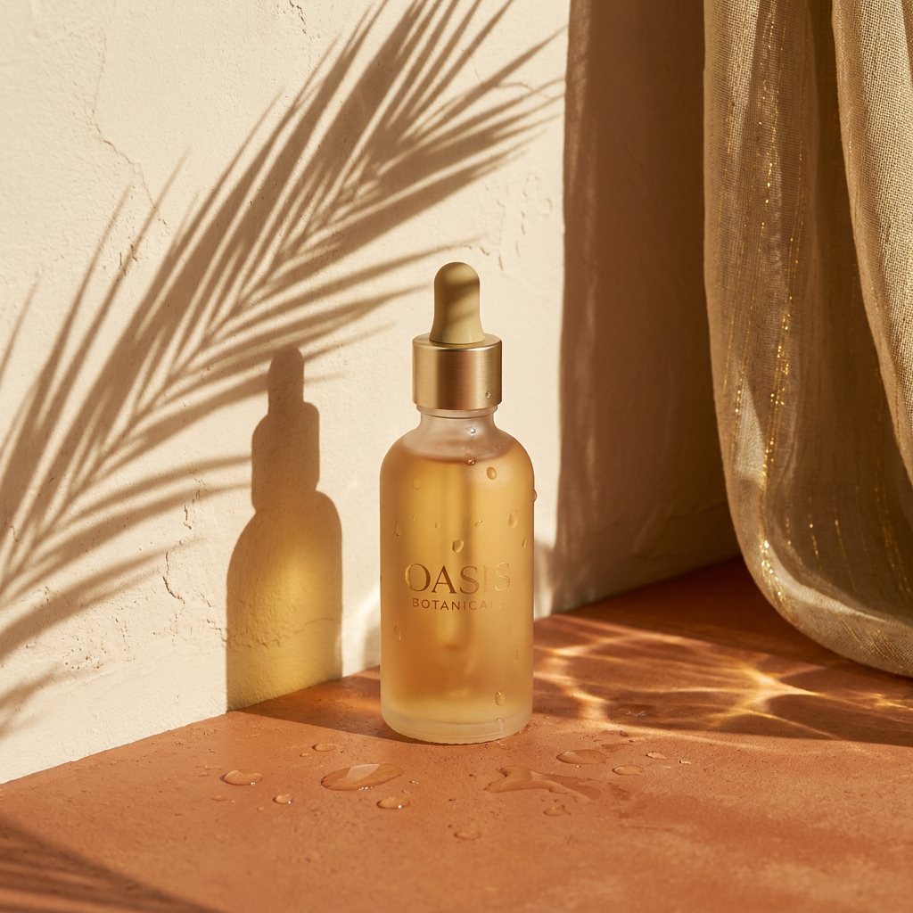 Serum bottle on a terracotta floor with pool light rippling across it and a palm shadow on the wall